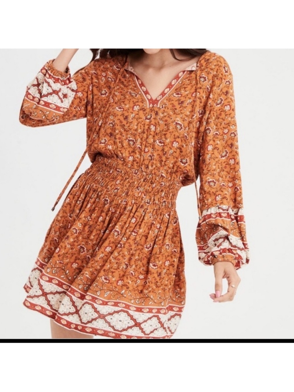 American Eagle Outfitters Rust Orange Floral Smocked Mini Dress